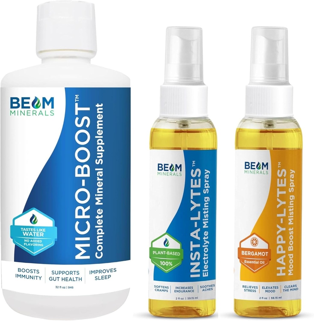 Beam Minerals Micro-Boost Humic Mineral Mix ve Insta-Lytes Natural Liquid Electrolytes 2oz ve Happy-Lytes Fluvic Electrolyte Mist