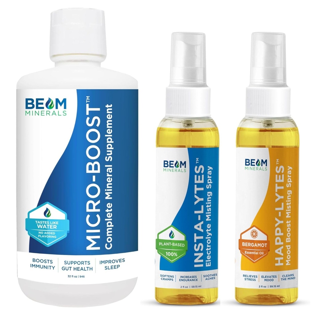 Beam Minerals Micro-Boost Humic Mineral Mix ve Insta-Lytes Natural Liquid Electrolytes 2oz ve Happy-Lytes Fluvic Electrolyte Mist