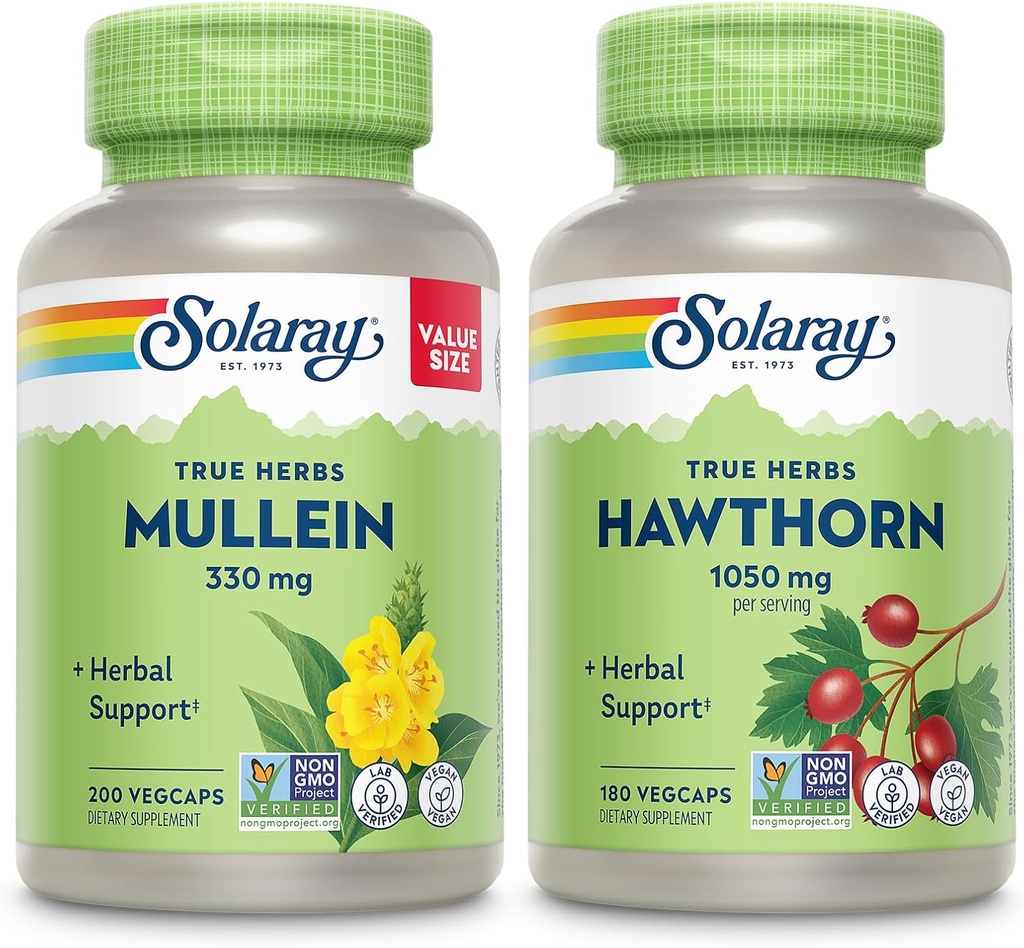 SOLARAY Mullein Leaf 330 mg and Hawthorn Berry Capsules 1050 mg - Soothing Herbal Support Bundle for Overall Health and Wellness - Vegan, Non-GMO, 60-Day Guarantee, Lab Verified, 200/180 VegCaps