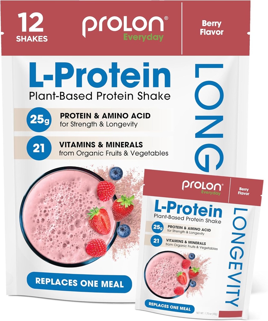 Prolon Longevity Plant Based Protein Toz | Kas Synthesis & Tamir, Sağlıklı Ağlama, Boost Performans | Vitaminler, Gluten Free, Amino Asits, Antioksis | 25g of Protein | Berry, 12 Packets