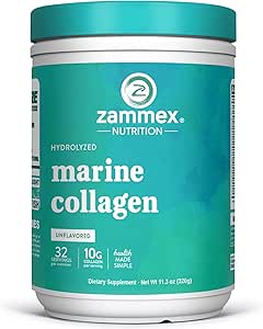 Zammex Marine Collagen Peptides Peptides Powder Unflaved, Wild-Caught Fish Collagen Powder, Υποστηρίζει υγιές δέρμα, μαλλιά, αρθρώσεις, Τύπος 1 & 3 Collagen συμπλήρωμα για τις γυναίκες - εύκολο να αναμίξετε. (32 Σερβίρει)