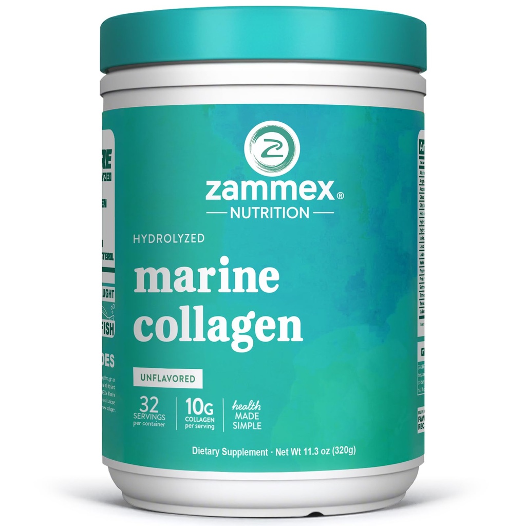 Zammex Marine Collagen. Toz Unflavored, Wild-Caught Fish Collagen Toz, Sağlıklı Cilt, Saç, Ortaklar, Tip 1 & 3 Collagen Supplement for Women - Easy to Mix. (32 Services)