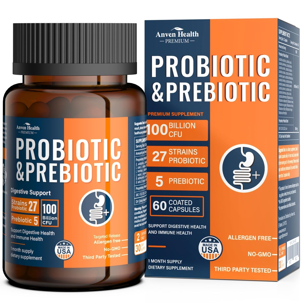 Erkekler ve Kadın 27 Strains 5 Organik Prebiyotikler için Gut Digestive & Immune Health, Supports Diarrhea Gas Bloating, Non-GMO, Zero Fillers – Made in USA丨60 Caps