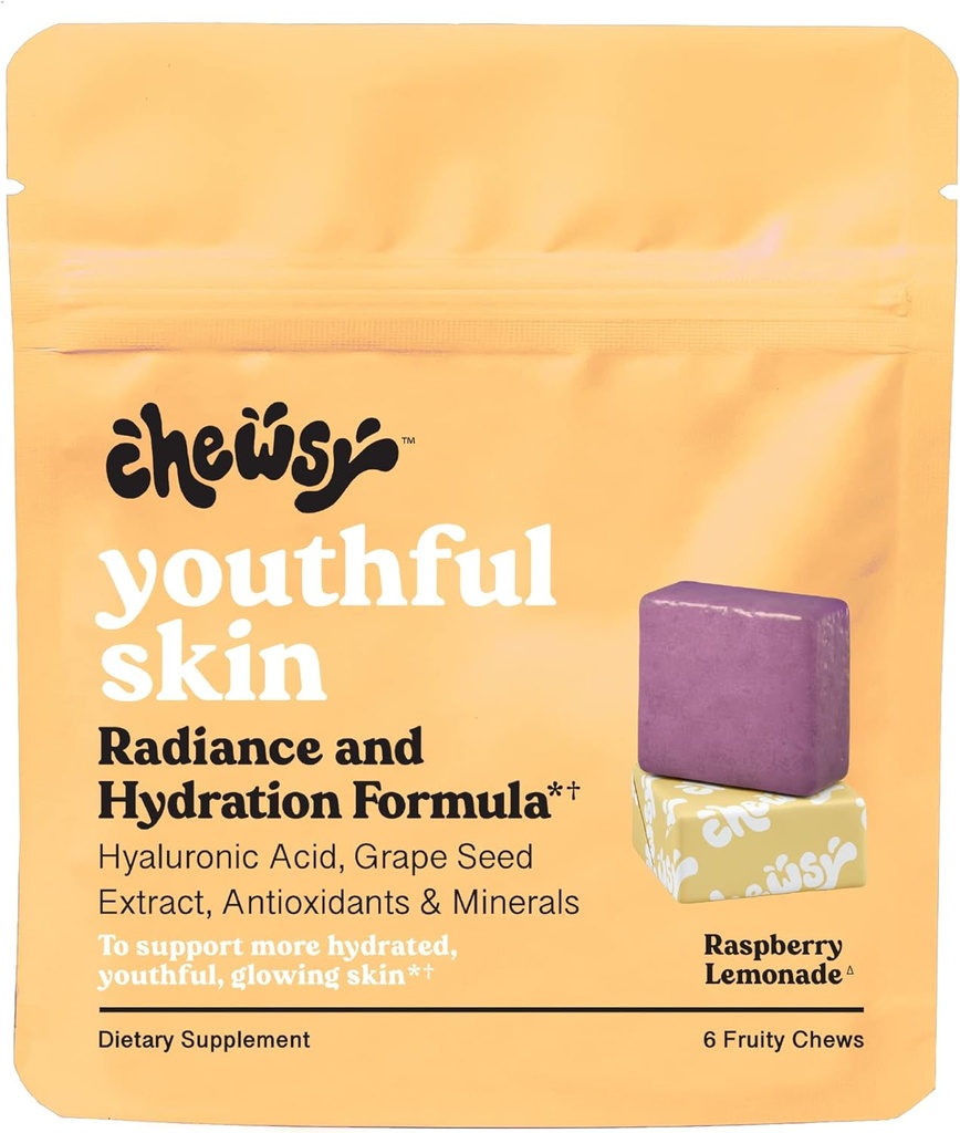 Chewsy Youthful Skin, Fruity Chews Vitamins, Radiance & Hydration Formula, Hyaluronic Acid, Grape Tohumu, Antioksis & Minerals, Vitaminler Raspberry Lemonade Flavor 6Day Supply