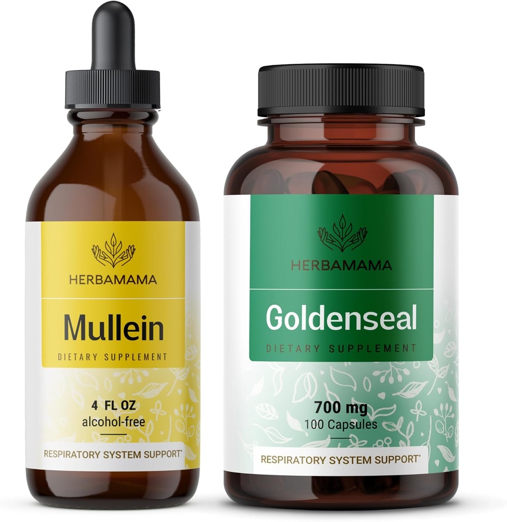 HERBAMAMA Mullein Leaf Extract and Goldenseal Capsules Kit - Bandle of Mullein Leaf Tincture 4 fl oz και 700 mg Goldenseal Root Caps - Vegan, Non-GMO, Sugar & Alcohol-Free - 2 Pack
