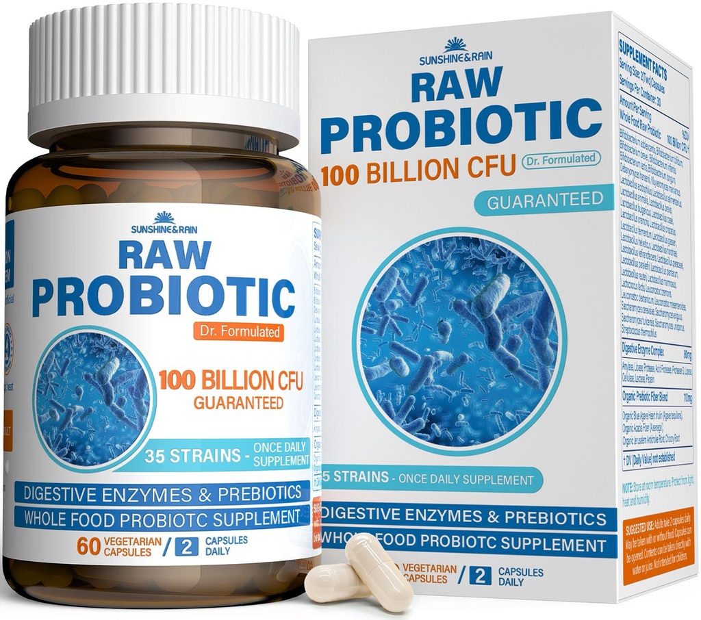 Kadınlar ve Erkekler için Çiğ Probiyotikler - 100 Milyar CFU, 35 Strains, Organik Prebiyotikler ve Digestive Enzymes for Digestive, Gut & Immune Health - Dairy, Soy ve Gluten Free, Non-GMO, 60 Vegan Capsules