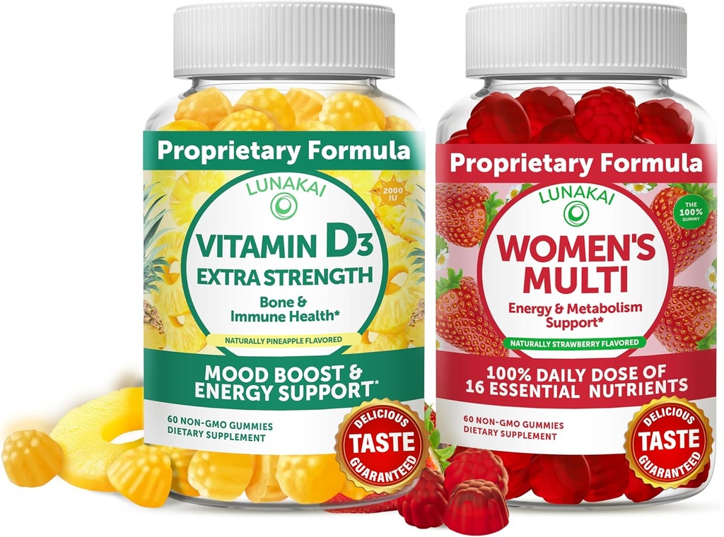 Lunakai Vitamin D3 Gummies and Women's Multivitamin Gummies Bundle - Συμπλήρωμα υποστήριξης ανοσίας, οστών και διάθεσης - 100% Ημερήσια Αξία 16 Ουσιαστικών Βιταμινών και Ορυκτών Υγιεινή Gummy - 30 Ημέρες Προσφορά