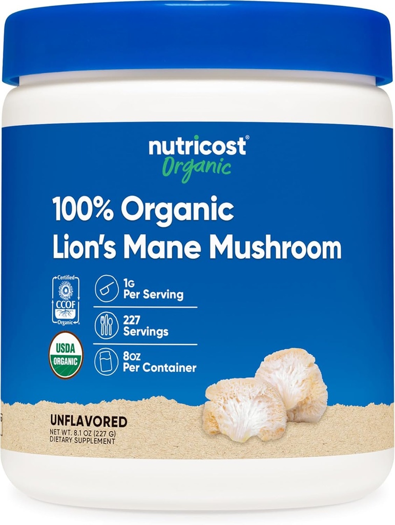 Nutricost Organic Lion's Mane Mushroom Powder (8 oz) - 227 μερίδες, Certified USDA Organic Συμπληρωματικό