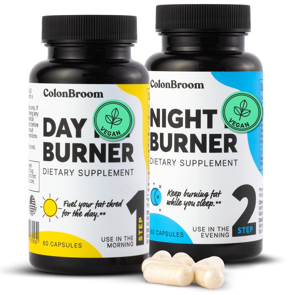 KolonBroom Day & Night Burner Supplements, Inulin, L-carnitine, Coenzyme Q 10, Garden of Paradise and More, Colon Broom 60 Vegan Capsules