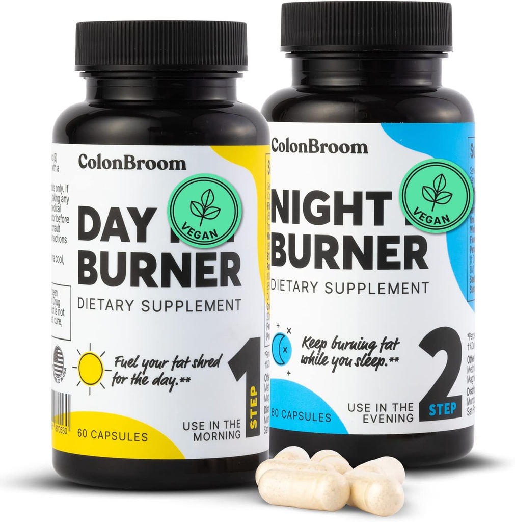 KolonBroom Day & Night Burner Supplements, Inulin, L-carnitine, Coenzyme Q 10, Garden of Paradise and More, Colon Broom 60 Vegan Capsules