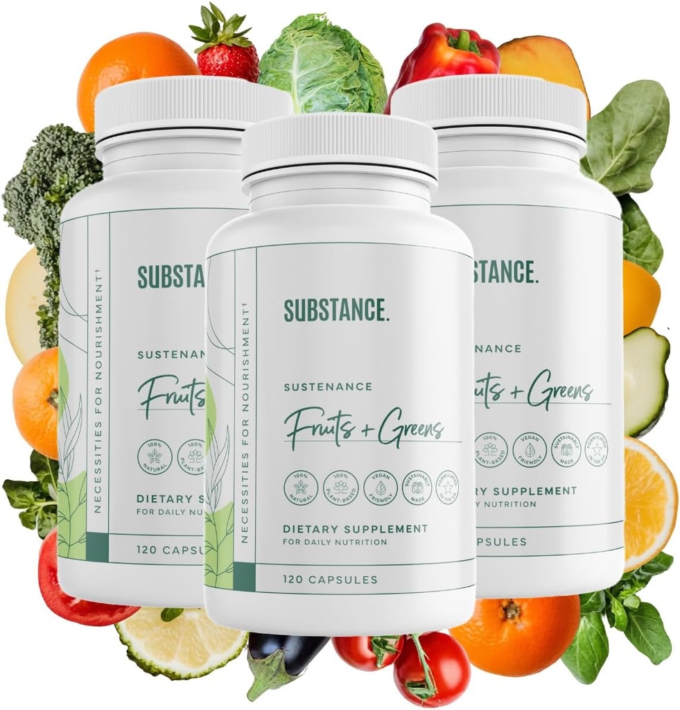 SUBSTANCE. 3-pck Nature's Sustenance Daily Greens, Daily Fruit and Veggies Supplement - Gelişmiş Enerji, Zihinsel Clarity - Meyveler ve Sebze Tamamları - ABD Made, Vegan-Friendly - 90 Servisler.