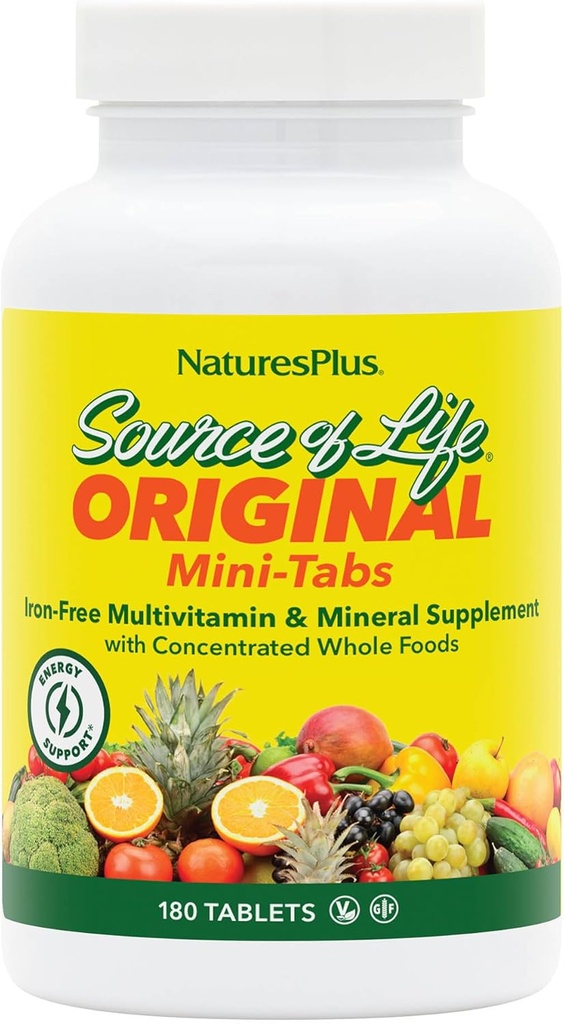 Natures Plus Source of Life Mini-Tabs No Iron - 180 Vegetarian Mini Tablets - Εύκολο στην κατάποση Φυσικών Ολόκληρων Τροφίμων Multivitamin & Mineral Supplement for Health & Energy - 30 Services