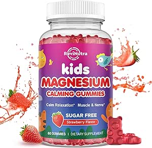 Çocuklar için Magnezyum Gummies - Magnezyum Glycinate Gummies with L-Theanine, Chamomile, Licorice, Vitamin B6, D for Kids & Yetişkinler Sleep, Stres, Kas Relief & Nerve Bone - Sugar Free Strawberry 60ct