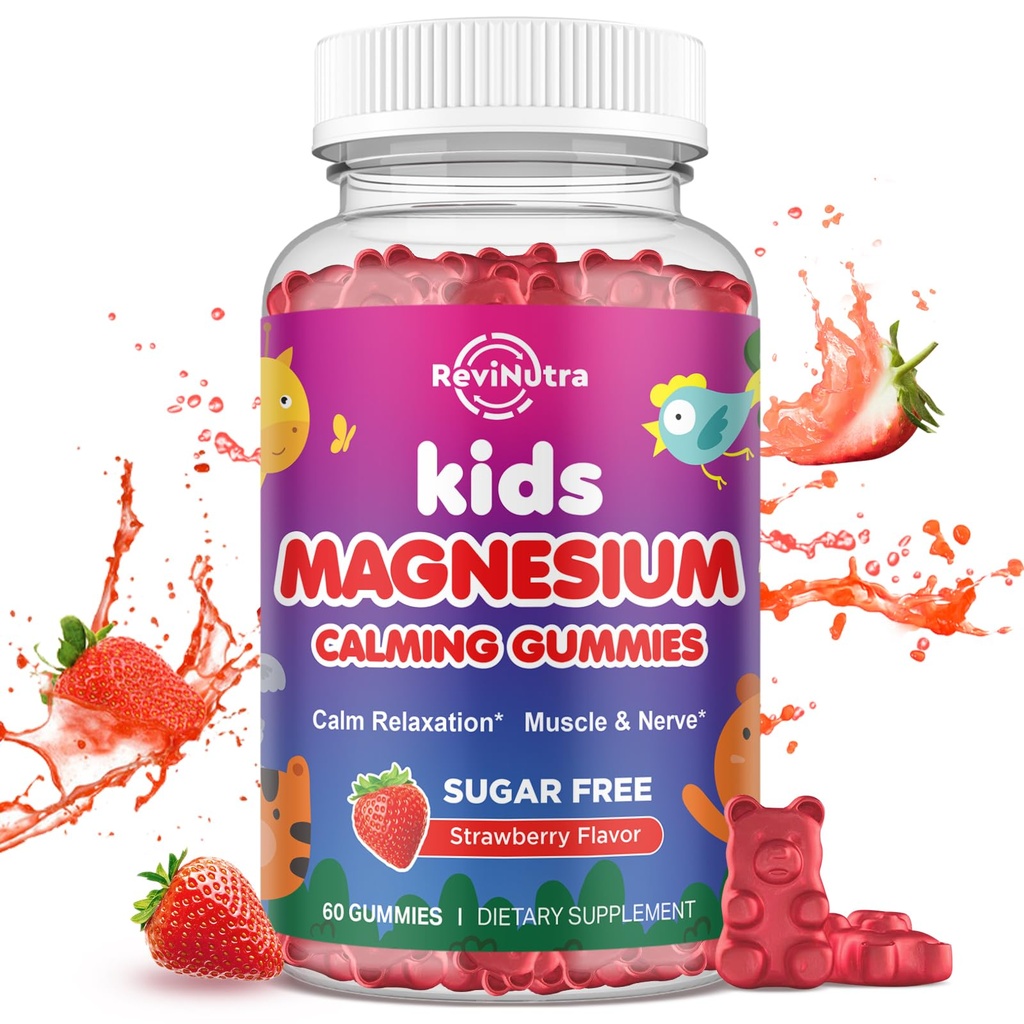 Çocuklar için Magnezyum Gummies - Magnezyum Glycinate Gummies with L-Theanine, Chamomile, Vitamin B6, D for Kids & Yetişkinler Sleep, Stress, Muscle Relief & Nerve Bone - Sugar Free Strawberry 60ct