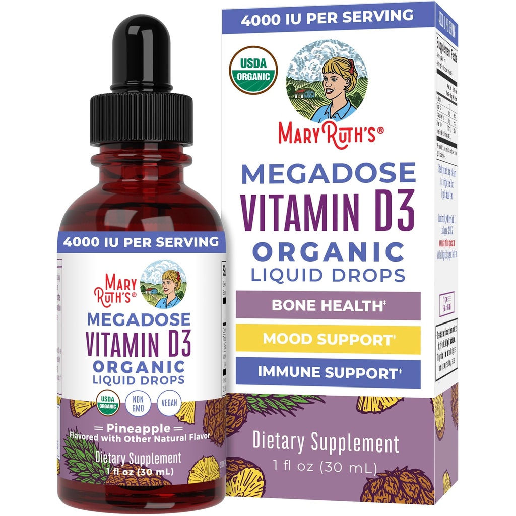 MARYRUTH'S Vitamin D3 Liquid Drops | Megadose 4000 IU | USDA Organik Sıvı Vitamin D Sprey for Yetişkinler & Çocuklar | Immune Support & Bone Health | Vegan | Gluten Free | Non-GMO | 30 Servisler