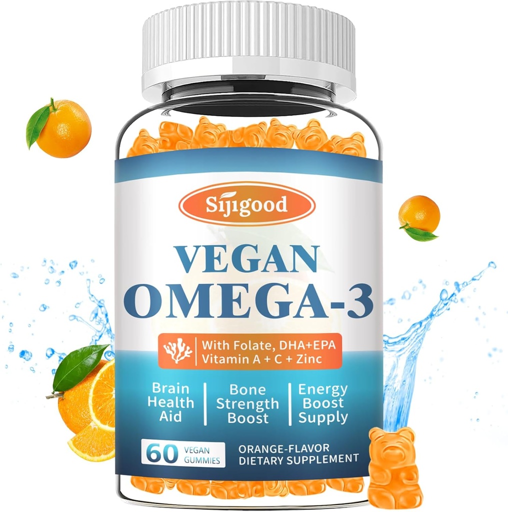 Omega-3 Gummies Potent Algae Omega Source, Boost Brain, Eye & Immune Function, with DHA and EPA Vegan & Sugar Free, Orange Flavor, 60 Count Count Count