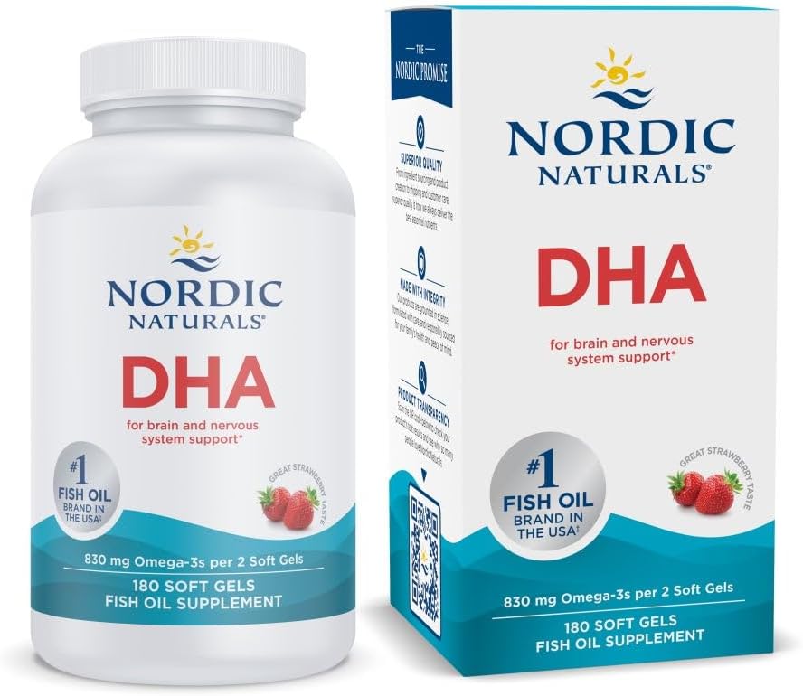 Nordic Naturals DHA, Strawberry - 180 Soft Gels - 830 mg Omega-3 - Beyin ve Nervous Sistem Desteği için Yüksek Boyutlu DHA Formula - Non-GMO - 90 Hizmet