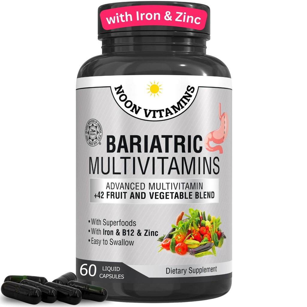 Bariatric Multivitamin with Iron for Women & Men - All-in-One 42 Superfood Mix for Energy & Immune Support - Post-Surgery Recovery, Easy-to-Sw, Hell, Made in USA (60 Liquid Capsules)