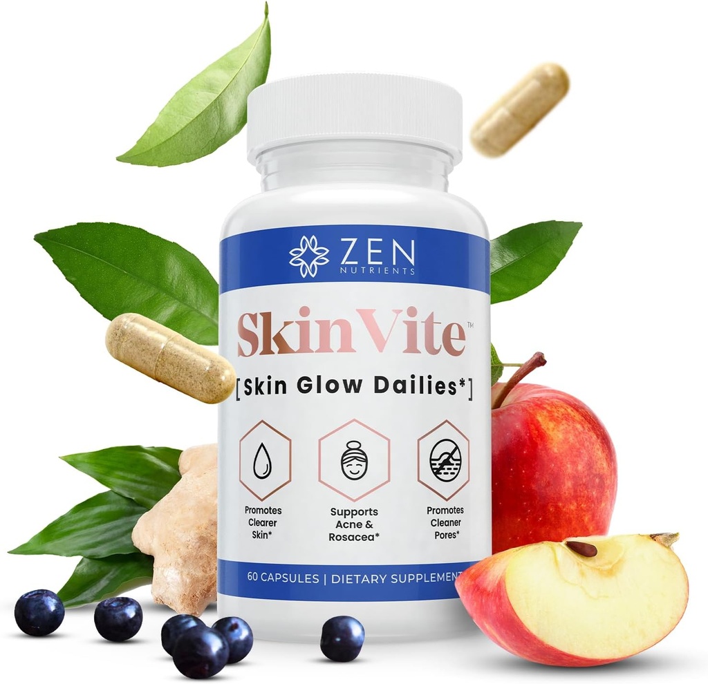 Zen Nutrients SkinVite φυσικό συμπλήρωμα δέρματος για γυναίκες, άνδρες & εφήβους - ορμονικές διακοπές & σαφές συμπλήρωμα υποστήριξης του δέρματος - Αποτοξινωτική βιταμίνη για την ακμή και την πέψη υποστήριξη