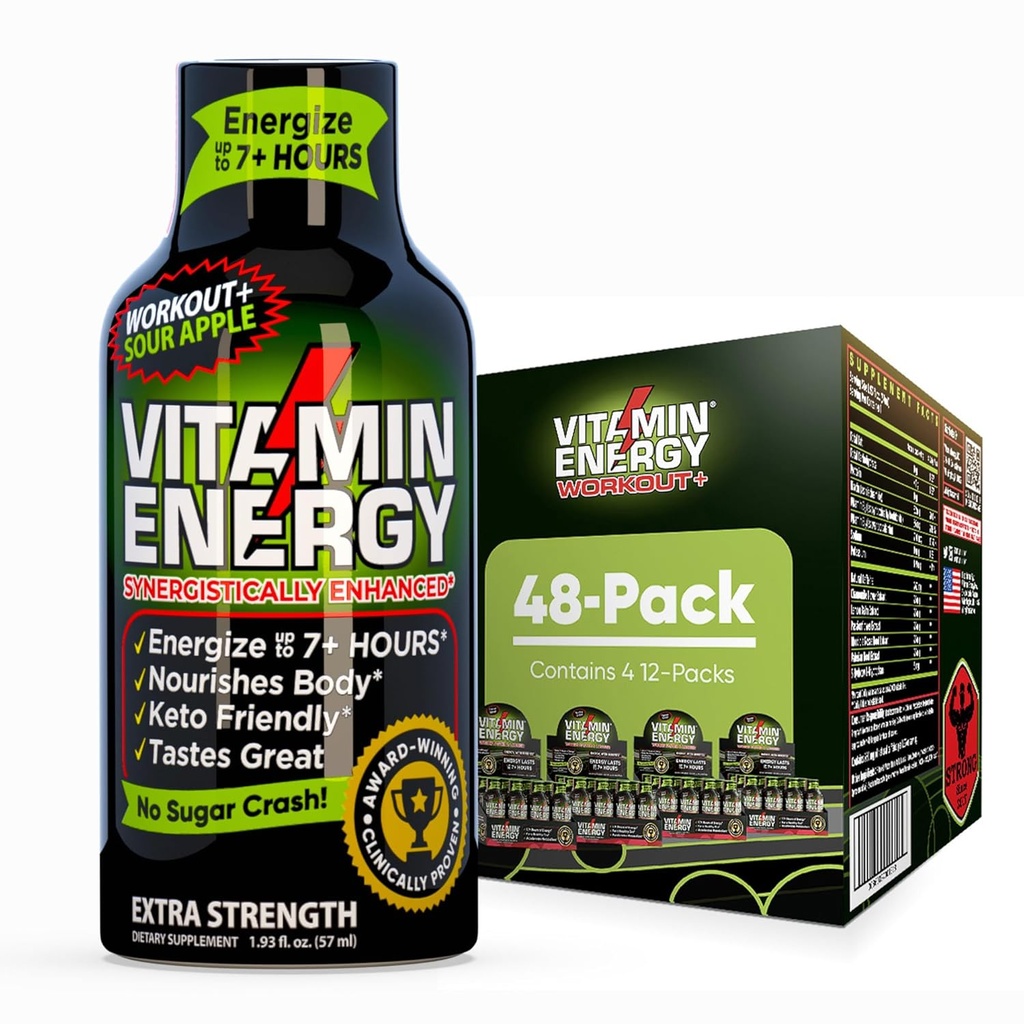 Vitamin Energy Workout+ Extra Strength Energy Shot Sour Apple 48 Pack, 260mg Natural Caffeine, Pre-Workout, B-Vitamins, Minerals, Endurance & Performance, Zero Sugar, Gluten-Free, Vegan, 1.93 fl oz