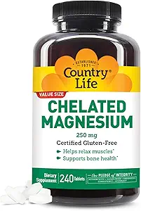 Country Life, Chelated Magnezyum 250 mg, Supports Bone and Immune Health, Daily Supplement, 240 ct