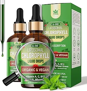 Organic Chlorophyll Liquid Drops Liposomal for Women & Men, 6-in-1 Greens Superfood Vegan Chlorophyll w/Spirulina, Wheat Grass, Vitamin C B12 A for Internal Deodorant*, Energy,Digestive,1Packs/2 Fl Oz