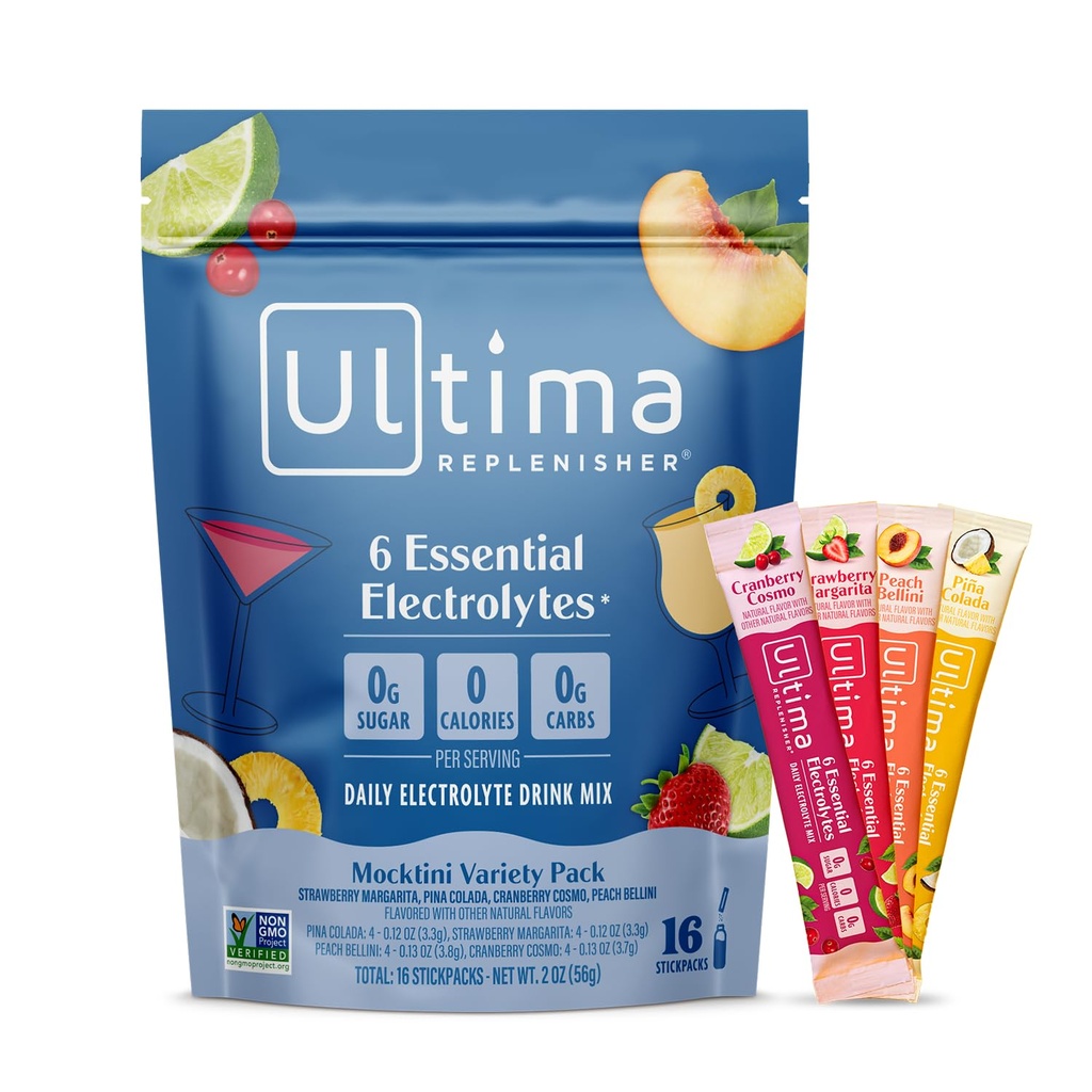 Ultima Repleniser Daily Electrolyte Powder Drink Mix – Χωρίς ζάχαρη – Ποικιλία Mocktini, 16 Stickpacks – Συσκευασίες ενυδάτωσης με 6 Ηλεκτρόλυτα και Ανιχνευτές – Κετοφιλικά, Μη ΓΤΟ