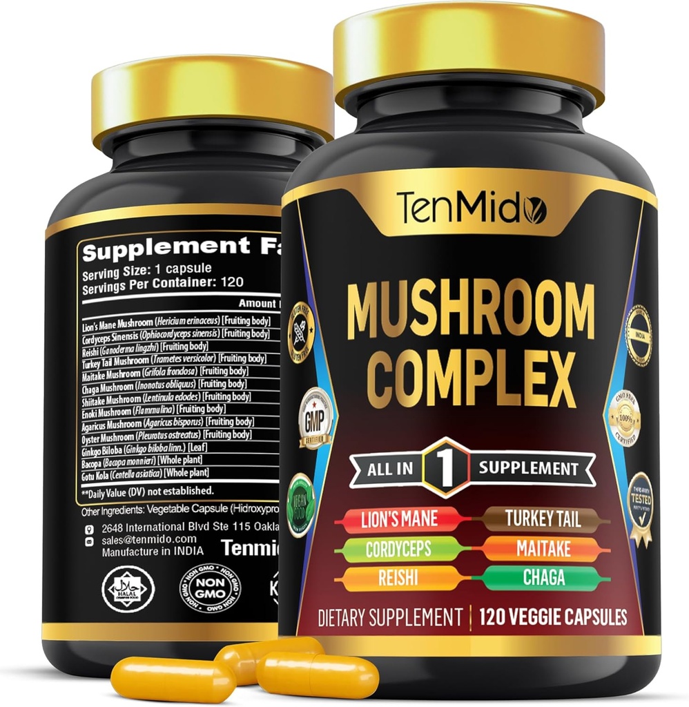 Mushroom Kompleksi - 13in1 Formula - Mix Lion's Mane Mushroom, Cordyceps Sinensis, Reishi, Türkiye Tail, Maitake, Chaga, Shiitake, Enoki, & More - 4 Ay Supply
