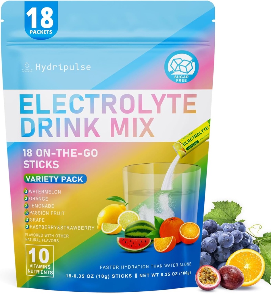 Elektrolytes Toz Paketleri - Sugar Free, Doğal Flavored, 10 Electrolyte & Vitamins Electrolyte Drink Mix - Çeşitli Pack 6 Flavors, Keto Friendly, Vegan, Non- GMO, 18 Packets