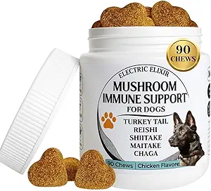 Köpekler Immune Support Mushroom Supplement - Supports Longevity, Cognition, Joint, Cellular & Gut Health - All Natural Organic,jFree - Aid for Lumps and Bumps, Chicken Flavor - 90 Chewss
