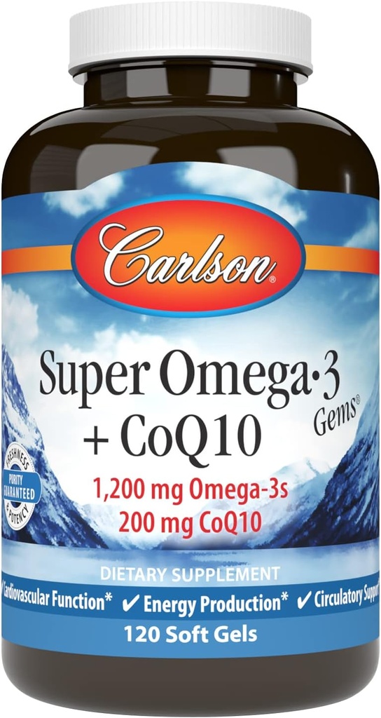 Carlson - Super Omega-3 Gems + CoQ10, 1200 mg Omega-3s 200 mg CoQ10, Λειτουργία Κυκλοφορίας, Ενεργειακή Παραγωγή & Υποστήριξη Κυκλοφορίας, 120 Softgels