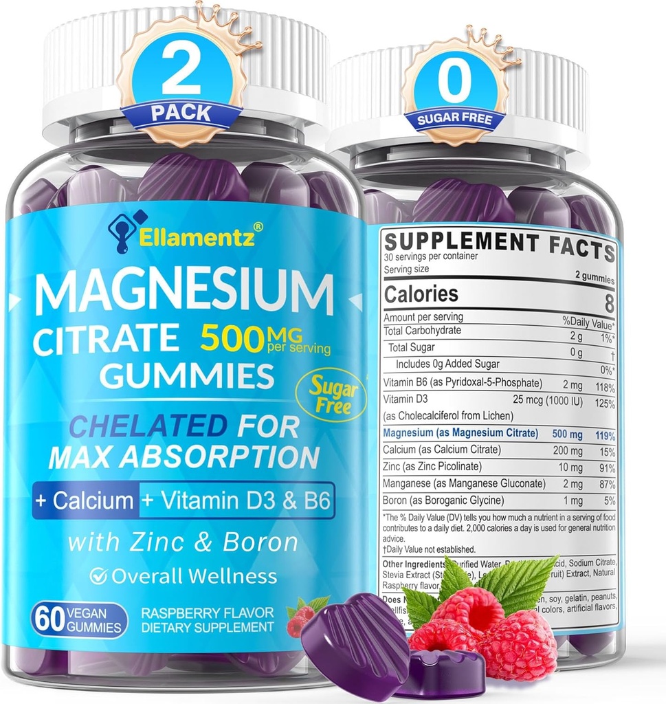Magnezyum Citrate Gummies 500 mg for Women Men Sugar Free Magnezyum Citrate for Constipation | Chelated Magnezyum Gummies with B6 for Mood, Calm |Calcium Magnezyum D3 Supplement for Bone & Muscle