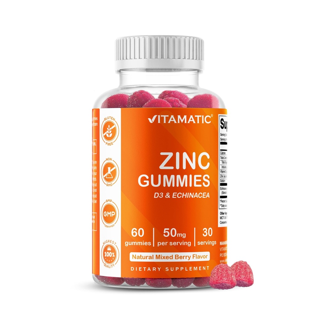 Vitamatic Zinc 50mg Gummies – 60 Vegan Gummies Χωρίς γλουτένη – Υγιεινή ανοσοποιητική υποστήριξη για ενήλικες, άνδρες και γυναίκες