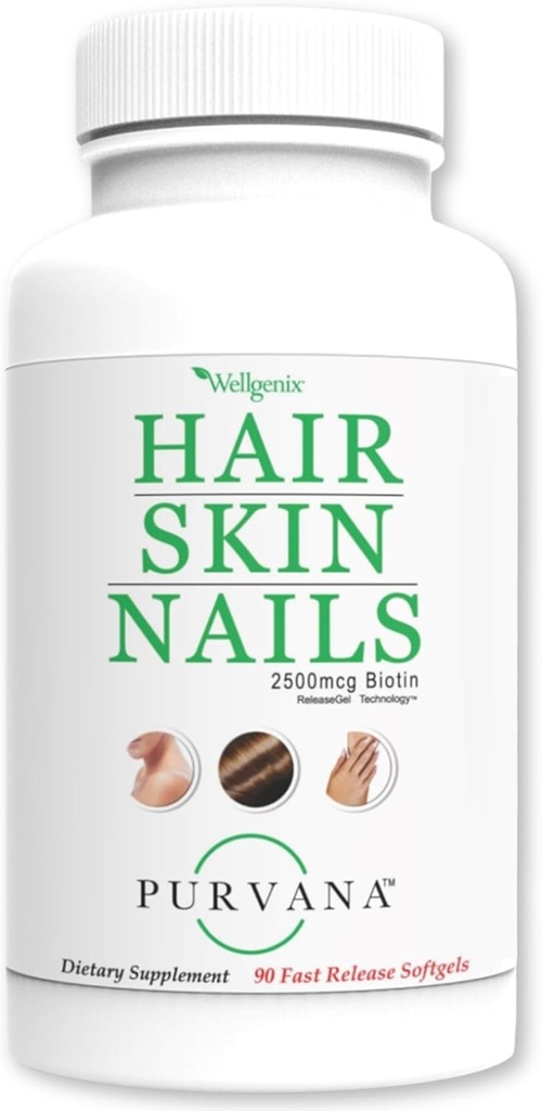 Wellgenix Purvana Saç, Skin, ve Nails - Bir Gün Yumuşakgel - 2500mcg Biotin, DMAE, MSM, Horsetail, Grape Seed - Anti Aging, P & Postpartum Saç Büyümesi, Güçlü Nails (90 Kont)