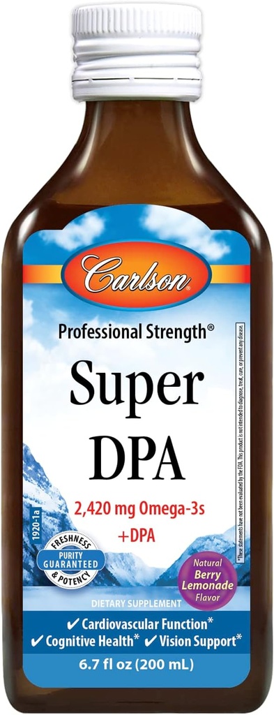 Carlson - Super DPA, 2,420 mg Omega-3s, 300 mg DPA, Kalp Sağlığı, Bilişsel Fonksiyonl, Berry Lemonade, 200 mL (6.7 fl oz)