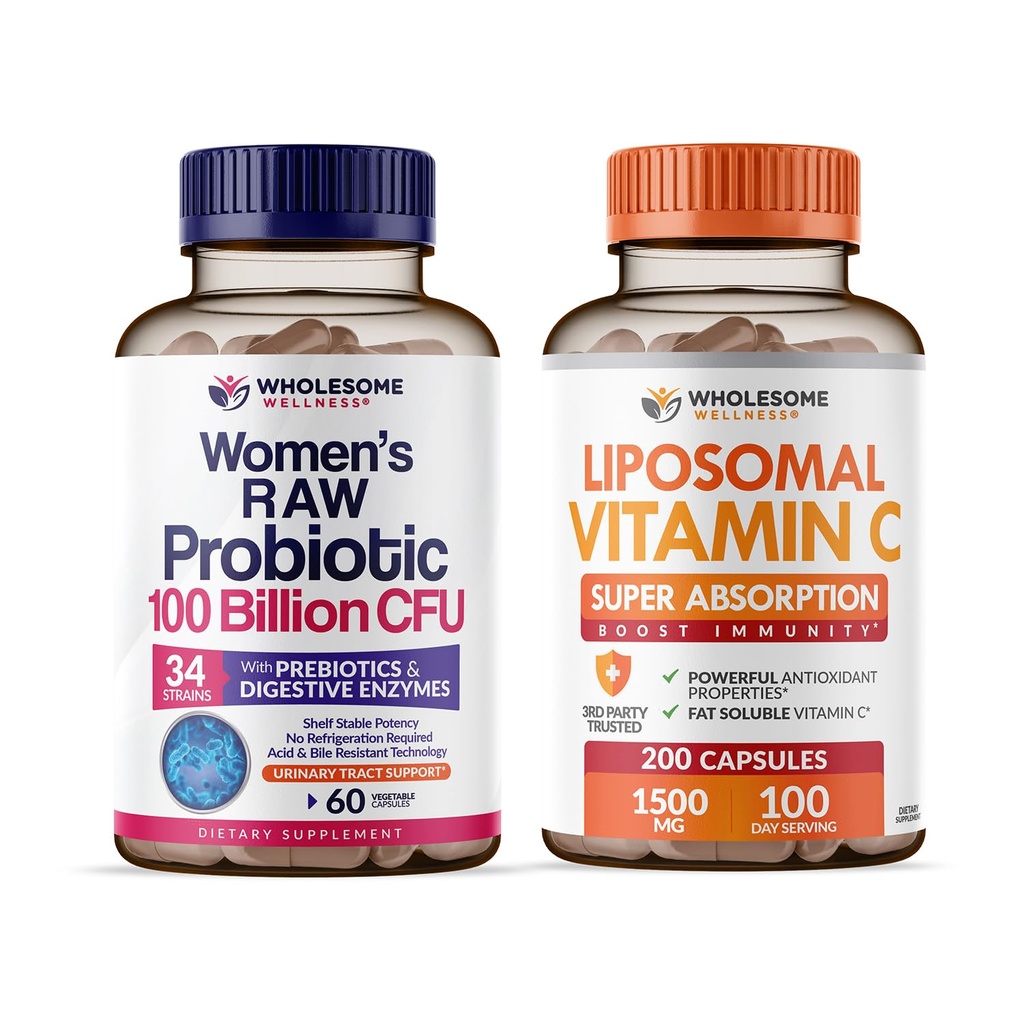 Prebiyotiks ile 100 Milyar CFU'lar için tüm miktar Wellness Probiyotikleri, Digestive Enzymes + Liposomal Vitamin C Capsules High Abxia, Ascorbici Supplement Sche