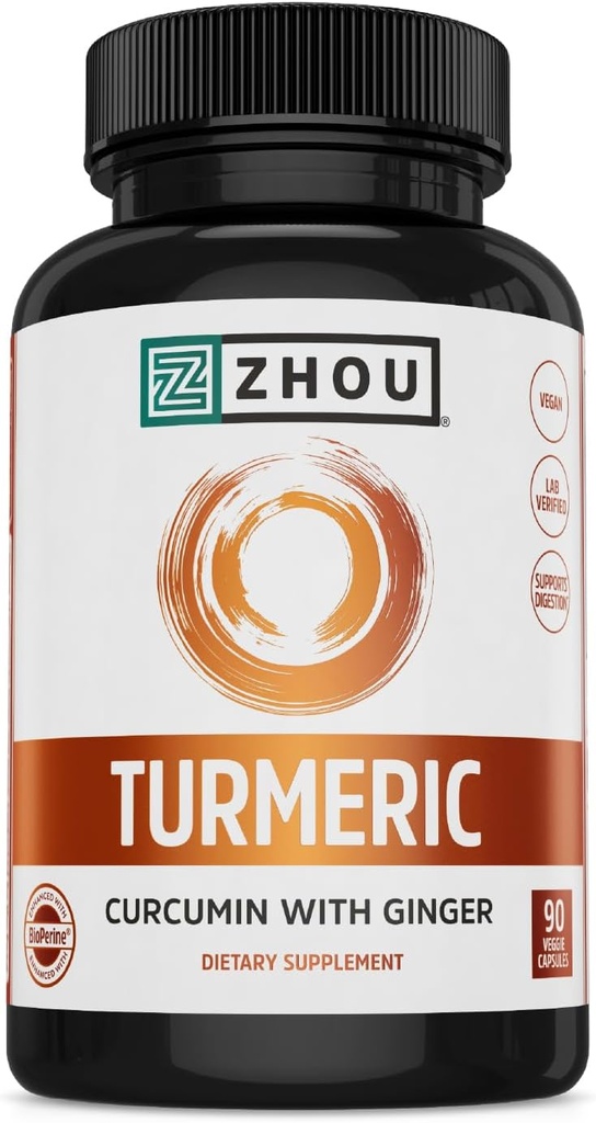 Zhou Turmeric Curcumin with Ginger - Turmeric and Ginger Supplement for Women and Men, Curcuminoids with Black Pepper Extract for Digestion and Digestive Health - 90 Veggie Capsules