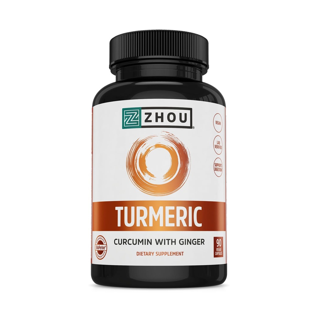 Zhou Turmeric Curcumin with Ginger - Turmeric and Ginger Supplement for Women and Men, Curcuminoids with Black Pepper Extract for Digestive and Digestive Health - 90 Κάψουλες Veggie