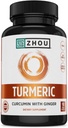 Zhou Turmeric Curcumin with Ginger - Turmeric and Ginger Supplement for Women and Men, Curcuminoids with Black Pepper Extract for Digestion and Digestive Health - 90 Veggie Capsules