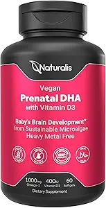 Naturalis Vegan Full Specrum Omega-3 ile Prenatal | Algae DHA, EPA, DPA, D3 & Active Folate L 5-MT | Vegan Society sertifikalı, Sustainable Sourced, Non-GMO & Soy Free | 60 Veggie Softgels