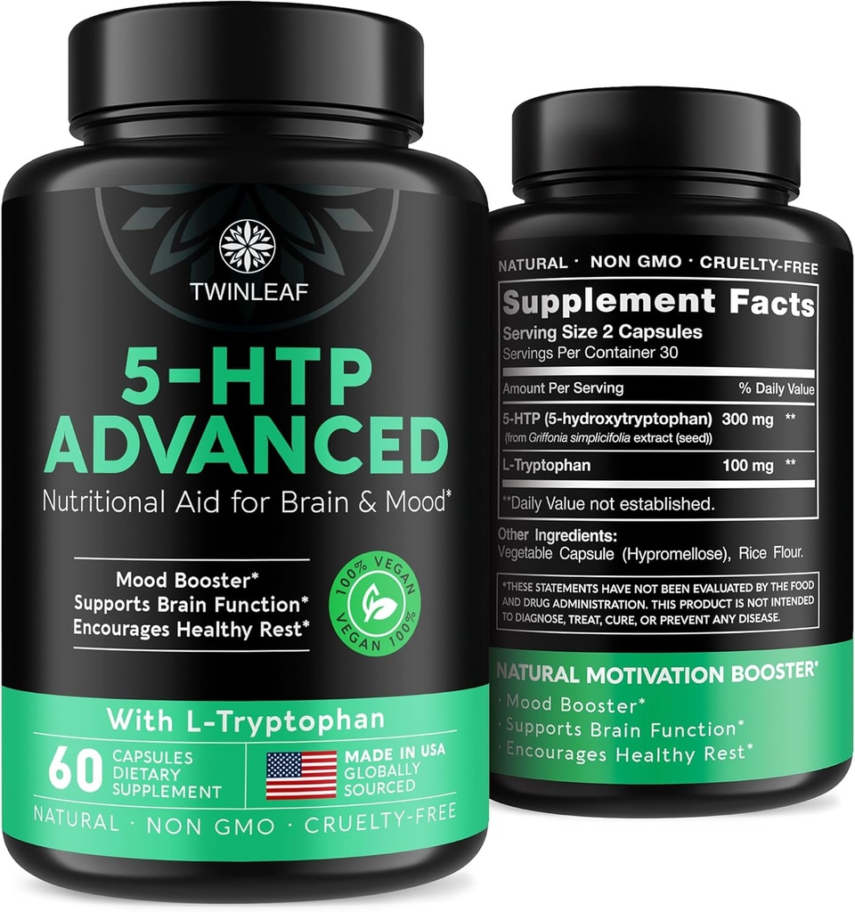 TWINLEAF 5 HTP συμπλήρωμα για την υποστήριξη Mood - Made in USA - Φυσικό 5-HTP & L-θρυπτοφάνη κάψουλες - 5-HTP Booster για άνδρες και γυναίκες - Ιδιοκτητική Formula για Mood και χαλάρωση - 60 Vegan κάψουλες