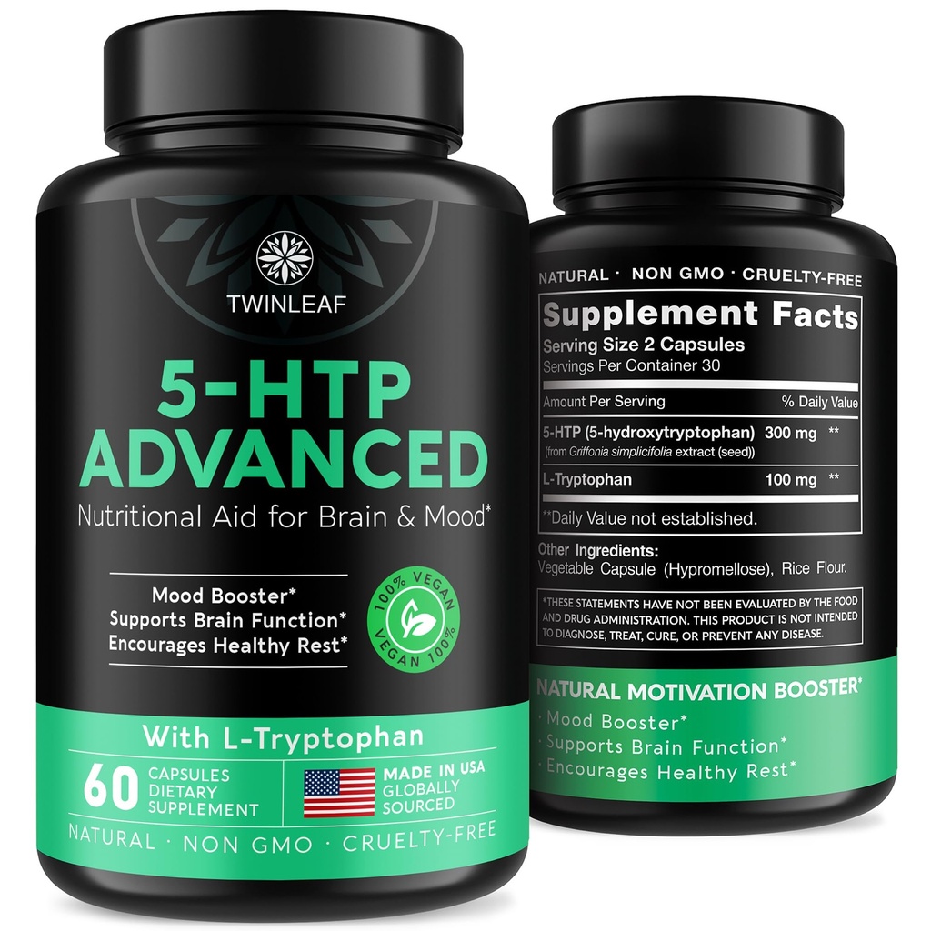 TWINLEAF 5 HTP Supplement for Mood Support - Made in USA - Natural 5-HTP & L-tryptophan Capsules - 5HTP Alert for Men & Women - Proprietary Formula for Mood and Relaxation - 60 Vegan Capsules