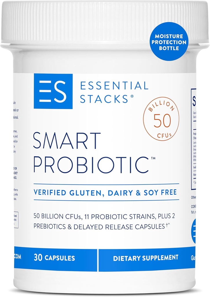 Essential Stacks Smart Probiyotik - 50 Milyar CFUs, 11 Probiyotik Strains, 2 Prebiyotikler, Gecikme Kapsülleri - A Daily Probiyotik Prebiyotik For Women & Men (30 Capsules)