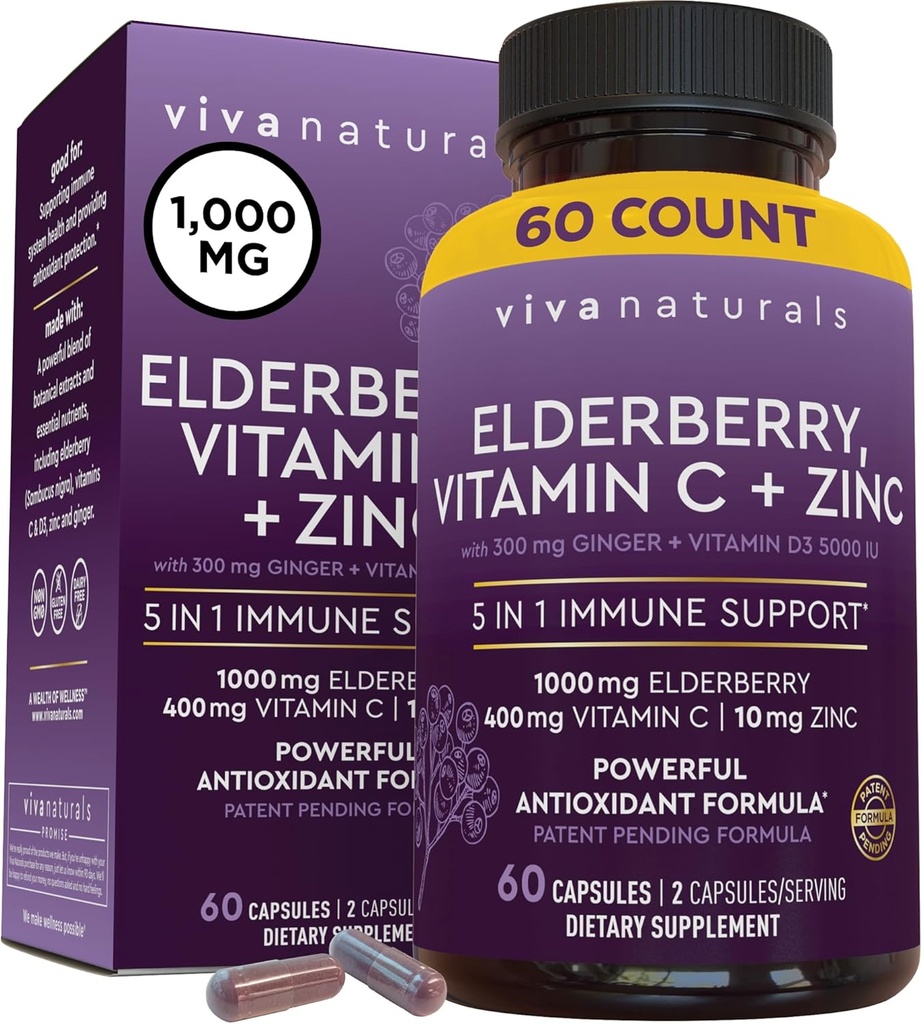 Viva Naturals Black Elderberry with Vitamin C and Çinko for Yetişkinler (60 Kont) - Sambucus Elder Immune Support Supplement, Black Elderberry Capsules for Yetişkinler, Elderberry Supplements for Women