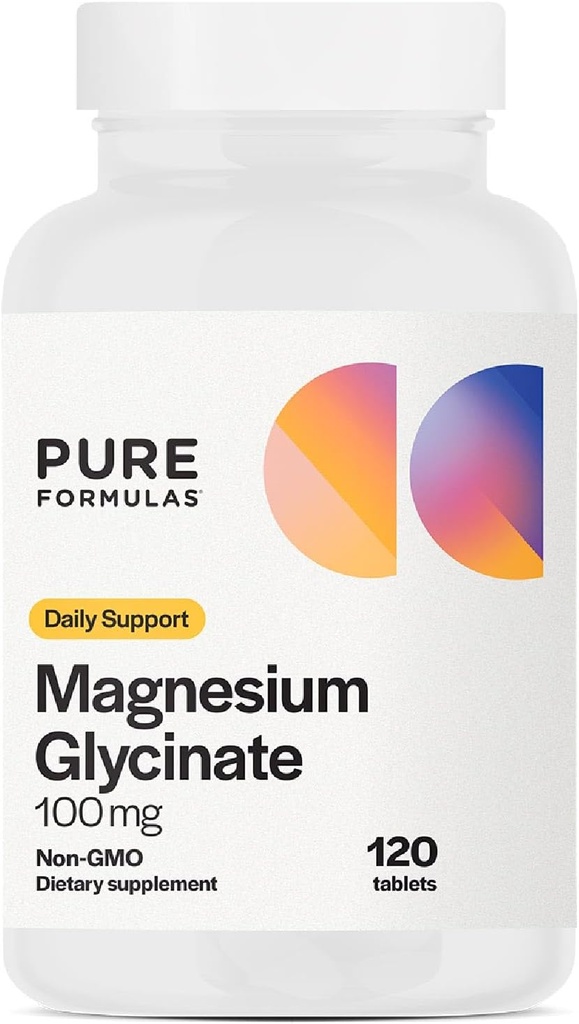 PureFormulas Magnezyum Glycinate 100 mg Stres, Nerves, Sleep, Muscles, Metabolism Pure Magnezyum Glycinate Supplement for Women and Men Magnesio Non-GMO 120 Tablets