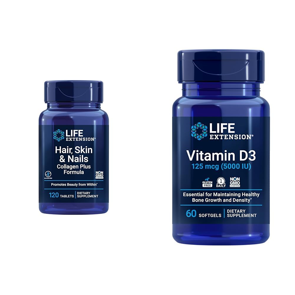 Life Extension Hair, Skin & Nails Collagen Plus Formula with Vitamin D3 5000 IU - Προάγει το κολλαγόνο, την κερατίνη, τα οστά, τον εγκέφαλο, το ανοσοποιητικό και το νυχιών υγεία - 120 Count & 60 Softgels