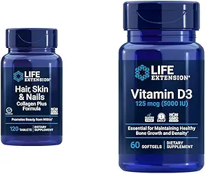 Life Extension Hair, Skin & Nails Collagen Plus Formula D3 5000 IU - Collagen, Keratin, Bone, Brain, Immune & Nail Health - 120 Count & 60 Softgels
