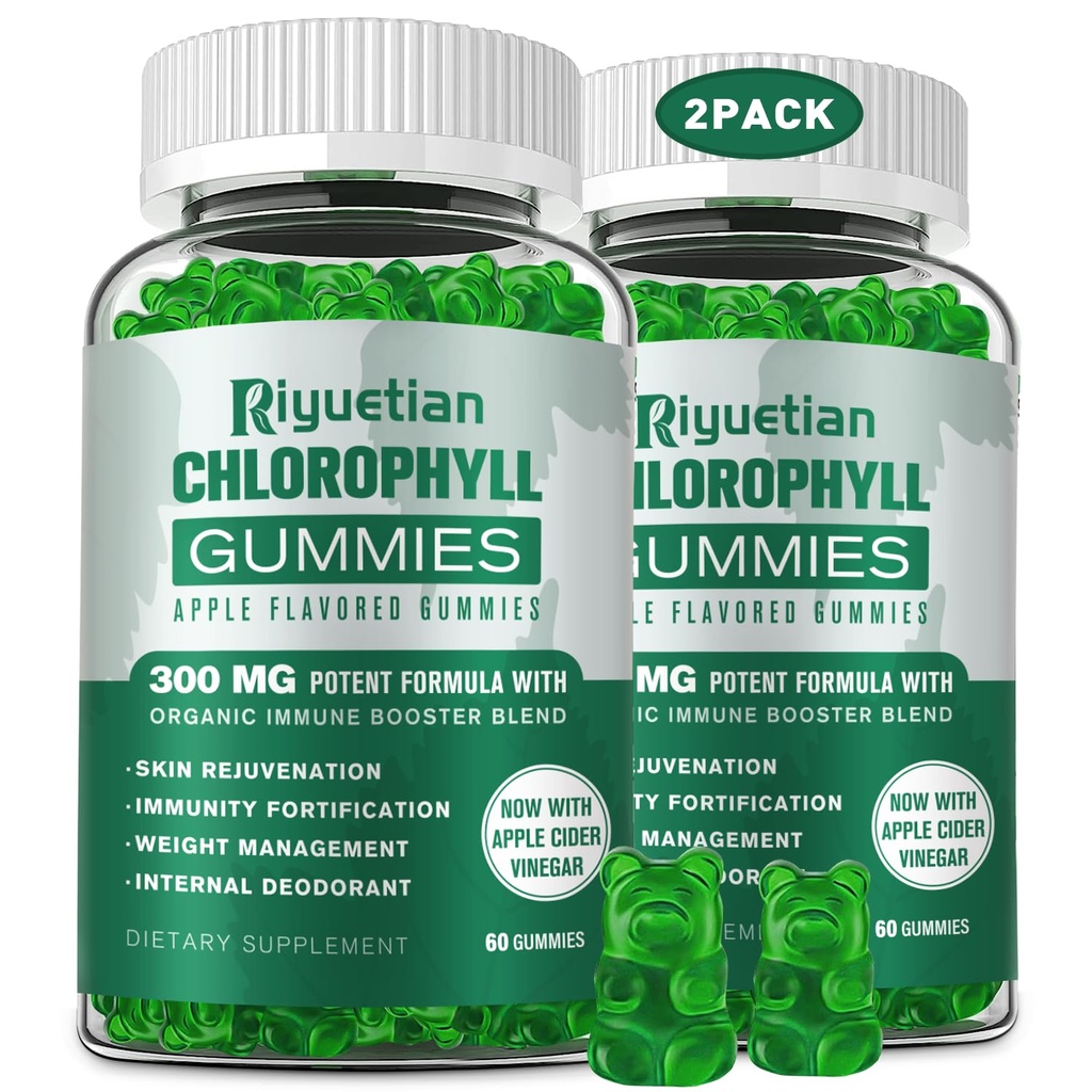 Sugar Free Chlorophyll Gummies - Unfiltered ACV & Vitamin C.B12 - Enerji Boost, Immune & Digestion Support, Natural Deodorant, Skin Care - Vegan, Non-GMO - 120 Gummies