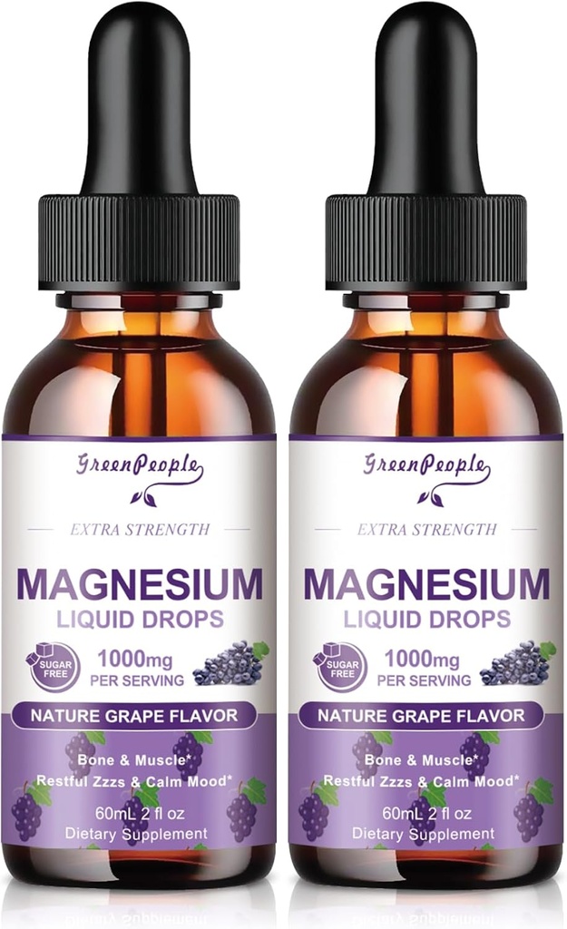 GREENPEOPLE Magnezyum Glycinate Liquid Drops - D3/K2/B6 ile Uyku için 1000 mg 5in-1 Yüksek Abhidratörü | Hızlı Teklif, Bone, Muscle & Sleep | Sugar-Free Grape Flavor, 2fl Oz 2 Pack