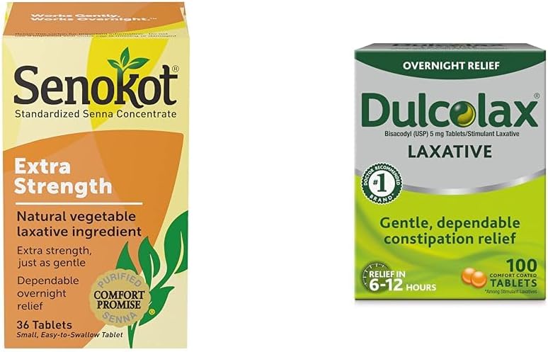 Senokot Ekstra Güçlü Doğal Sebze Laxative for Gentle Overnight Relief Occasional Constipation, 36 Count & Dulcolax Stimulant Laxative Tabletleri (100 Kont) Gece Boyunca Açıklama Yardımı